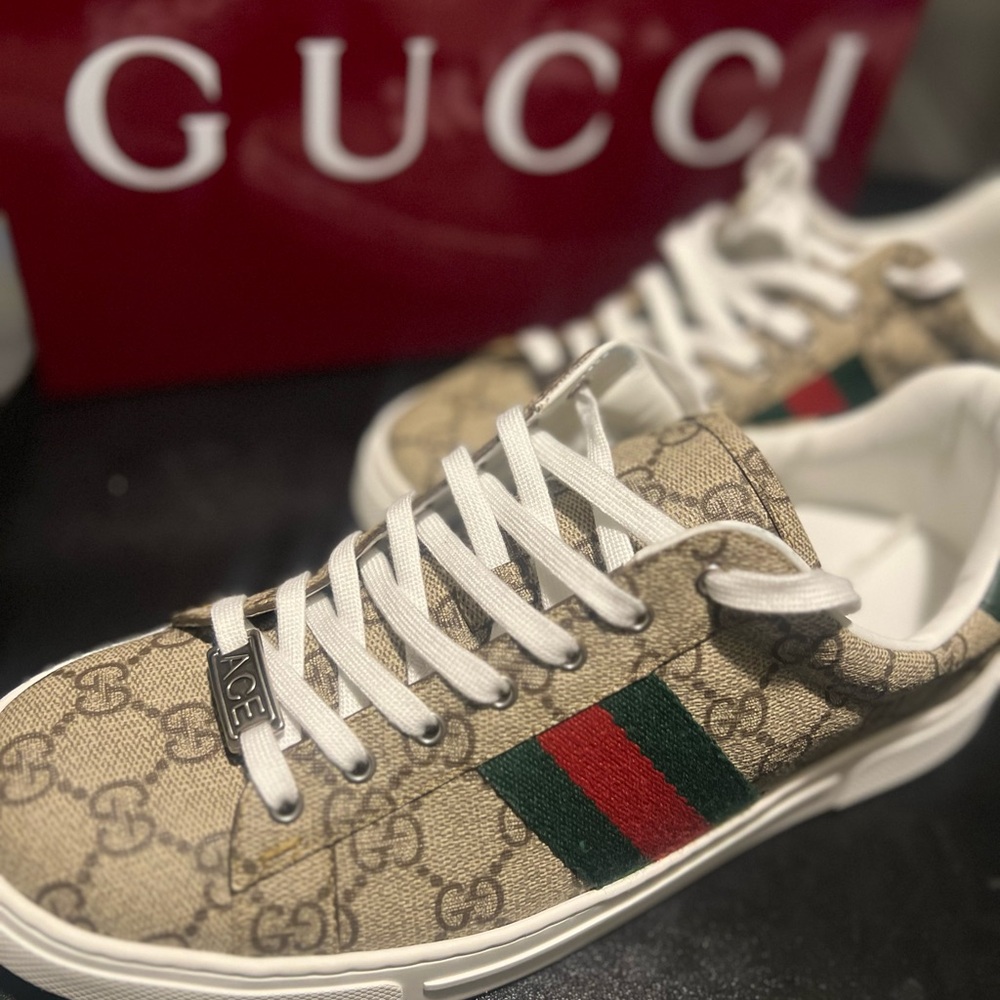 Gucci Beige GG Canvas Ace Sneaker with Green & Red Web Stripe